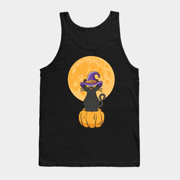 Halloween Black Cat On Pumpkin Full Moon Tank Top by ReeseClaybro